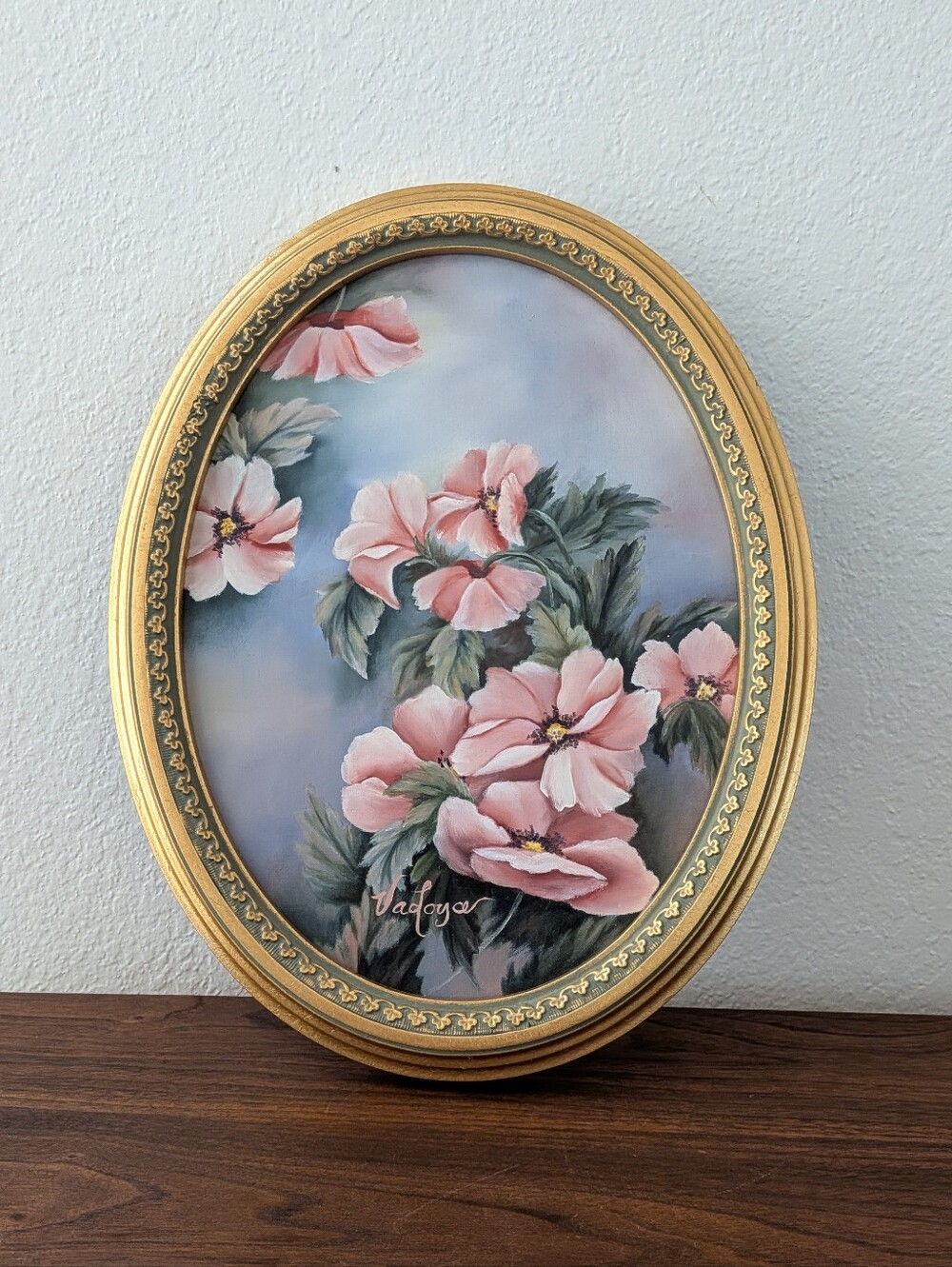 Original Hand Painted Pink Water Lilies Ornate Gold Oval Framed Art 13.5"